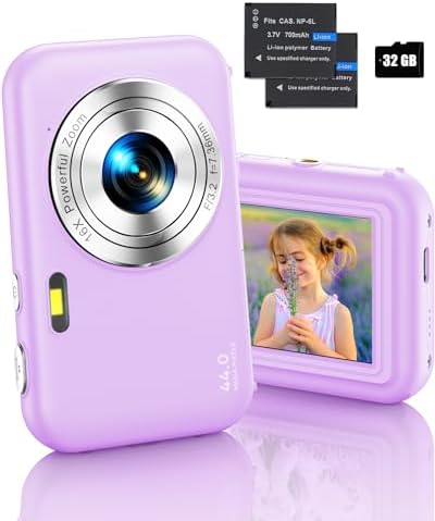 Digital Camera, FHD 1080P Camera for Kids, 16X Digital Zoom Camera for Cheap, Compact Point and Shoot Camera Portable with 32GB SD Card, Two Batteries, Small Camera for Boys Girls Kids(Purple)
