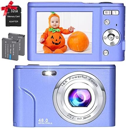 Digital Camera, FHD 48.0 MP Vlogging Camera Mini Camera Kids Camera Video Camera Pocket Camera with 32GB TF Card Autofocus 16X Digital Zoom, Compact Portable Camera for Kids Students Teenager-Purple