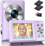 Digital Camera, Kids Camera with 16X Zoom, FHD 1080P 44MP Point and Shoot Digital Cameras with 32GB Card, 2 Batteries, Lanyard, Small Compact Travel Camera for Kids,Teens Boys Girls, Purple