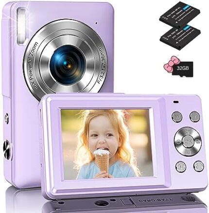 Digital Camera, Kids Camera with 16X Zoom, FHD 1080P 44MP Point and Shoot Digital Cameras with 32GB Card, 2 Batteries, Lanyard, Small Compact Travel Camera for Kids,Teens Boys Girls, Purple