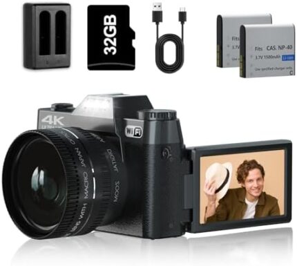 Digital Camera for Photography 48MP Vlogging Camera for YouTube with WiFi 16X Digital Zoom 3 inch 180° Flip Screen 52mm Wide-Angle Lens & Macro Lens, 32G Micro Card and 2 Batteries