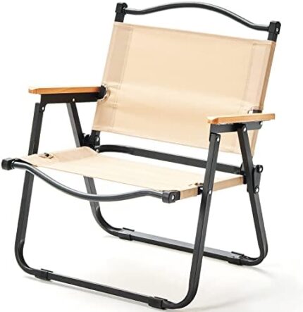 Doseno Portable Camping Chair with Wooden Handle, Widen Foldable Outdoor Chair, Collapsible Beach Chair of Ergonomic Design, Suitable for Sand Camping Travel Picnic Lawn Concert (Khaki Large)