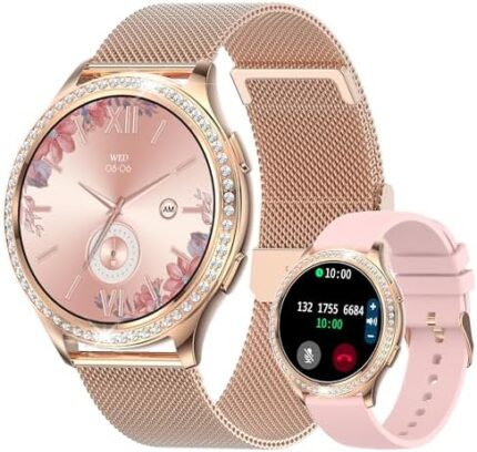 Dvtlfrj Smart Watch for Women with Diamonds 1.32" HD Touch Screen 100+ Sports Modes Fitness Tracker Heart Rate Sleep Monitoring iP67 Waterproof Smartwatch for Android iOS(with 2 Bands) 53 Rose Gold