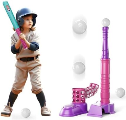 EPPO Tee Ball Set for Kids 3-5|5-8, Kids Baseball Tee, 2 in 1 T-Ball Set, 10 Balls, Toddler T Ball Set with Step on Pitching Machine, Outdoor Sport Toy for Kids 3-12 Years Boys Girls