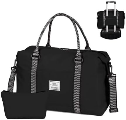 ESMNOAN Duffle Bag for Travel,18x14x8 Weekender Bags for Women,Shoulder Lightweight Travel Tote Bag Overnight Carry on Bag for Airplanes with Wet Pocket,Black