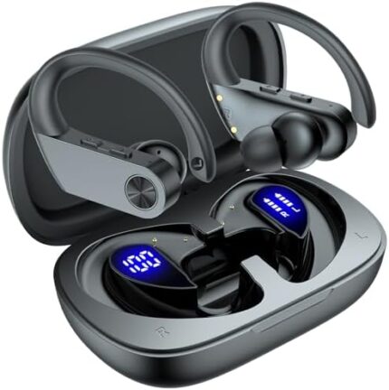 Ear Buds 110Hrs Wireless Bluetooth Headphone Playback IPX7 Waterproof with Earhook Over-Ear Earphone with Charging Case for Sport Phone Laptop Black