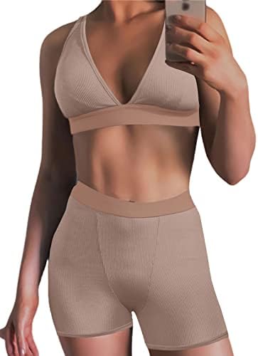 Ekaliy Women's Workout Outfit 2 Pieces High Waist Bodycon Yoga Leggings and Sleeveless Crop Top Gym Clothes Set Tracksuit