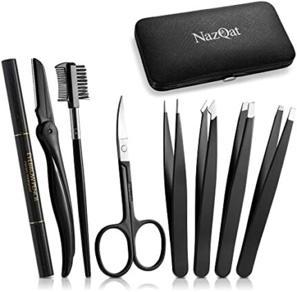 Exquisite Eyebrow Kit - 8 in 1 - Eyebrow Tweezer Kit 4 PCs - Eyebrow Shaping Kit - Multipurpose Eyebrow Grooming kit - Eyebrow Razor, Eyebrow Brush and Comb, Pencil, Eyebrow Scissors in Padded Case