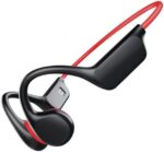 FEICO Bone Conduction Headphones, Running Headphones Workout Headphones Wireless Open-Ear Headphones, Bluetooth 5.3 with Mic - MP3 Play Built-in 32GB Memory, IP68 Waterproof Sports (Black Red)