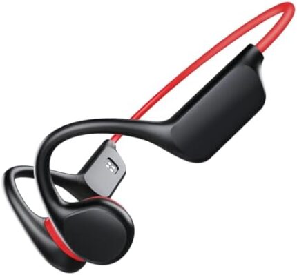 FEICO Bone Conduction Headphones, Running Headphones Workout Headphones Wireless Open-Ear Headphones, Bluetooth 5.3 with Mic - MP3 Play Built-in 32GB Memory, IP68 Waterproof Sports (Black Red)