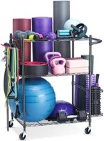 FHXZH Yoga Mat Storage Rack, Home Gym Workout Equipment Storage Rack, Cart for Organizing Workout Room, Organizer Yoga Equipment Dumbbell Kettlebells Home Gym Storage Rack with Hooks and Wheels