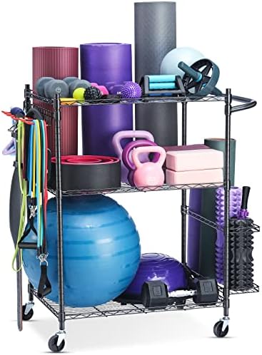 FHXZH Yoga Mat Storage Rack, Home Gym Workout Equipment Storage Rack, Cart for Organizing Workout Room, Organizer Yoga Equipment Dumbbell Kettlebells Home Gym Storage Rack with Hooks and Wheels