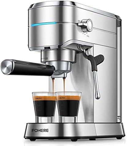 FOHERE Espresso Machine, 20 Bar Espresso and Cappuccino Maker with Milk Frother Steam Wand, Professional Compact Coffee Machine for Espresso, Cappuccino, Latte and Mocha, Brushed Stainless Steel