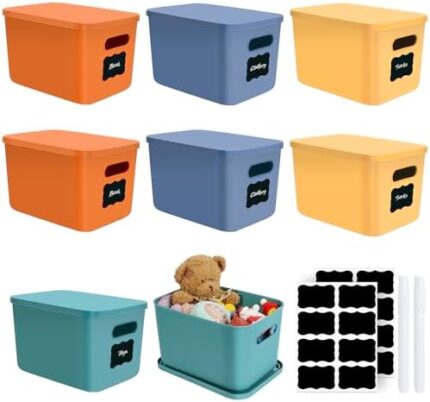 FONUNO Plastic Storage Bins with Lids 8 Pack Stackable Storage Containers for Organizing Colorful Storage Baskets with Handle for Home Kitchen Office Classroom Cabinet Shelf (10 x 7 x 6 Inch, 8 PCS)