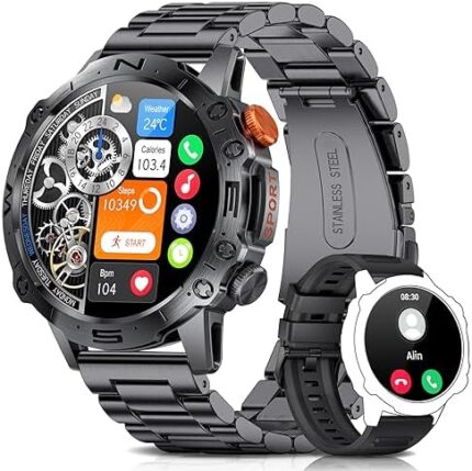 FOXBOX Smart Watches for Men, Voice Call Message Reminder, 1.43''AMOLED Screen with 24 Hours Fitness Tracker, Healthy Monitor, 5 ATM Waterproof Pedometer Calorie Smartwatch Compatible Android iOS