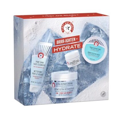 First Aid Beauty Brrr-ighten + Hydrate Gift Set – Limited Edition Beauty Kit with Facial Radiance Exfoliating Pad, Pure Skin Face Cleanser, Eye Duty Brightening Cream + Ultra Repair Cream Moisturizer