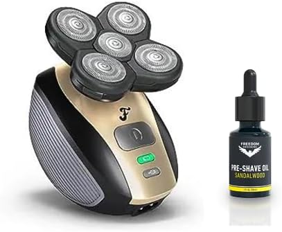 FlexSeries and Shave Oil - Sandalwood Shaving Oil and Head Shaver for Bald Men, Wet & Dry Electric Skull Shaver, Waterproof Rotary Blades, Cordless, Rechargeable, 5-in-1 Grooming Kit