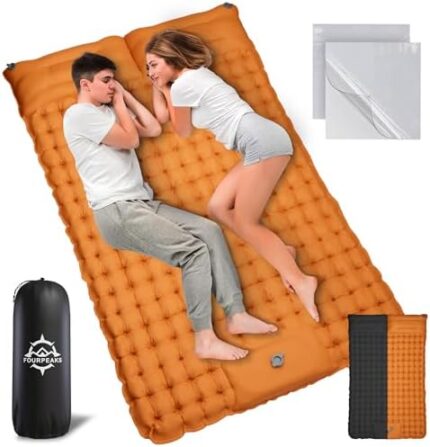FourPeaks Double Sleeping Pad Backpacking - 40D Nylon and TPU Coated Inflatable Camping Pad 2 Person with Built-in Foot Pump, Pillows & Carrying Bag - Lightweight Mattress for Camping Hiking and More