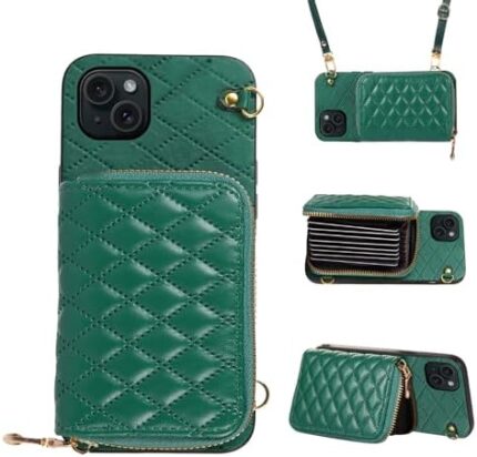 Furiet Compatible with iPhone 15 Plus 6.7 inch Zipper Wallet Case with Shoulder Strap, 8 Card Slots and Leather Stand Cell Phone Cover for i-Phone 15+ iPhone15Plus 5G i i15 + iPhone15 15Plus Green