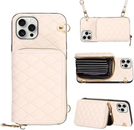 Furiet Compatible with iPhone 15 Pro 6.1 inch Zipper Wallet Case with Crossbody Shoulder Strap, 8 Card Slots and Leather Stand Cell Phone Cover for iPhone15Pro 5G i i-Phone i15 iPhone15 15Pro Beige