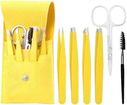 GEMGIMY 6 PCS Eyebrow Tweezers Set with PU Case, Complete Eyebrow Grooming Kit with 4 Tweezers, Scissors, and Brush