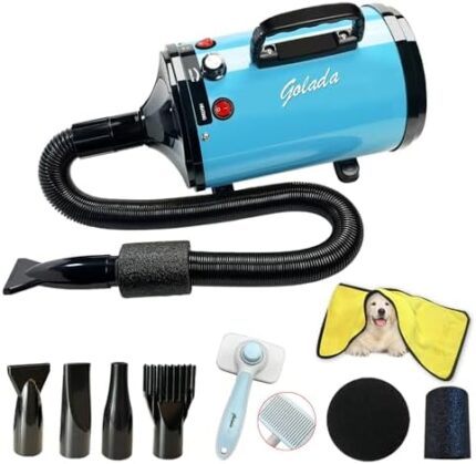 GOLADA Dog Dryer, Pet Grooming Hair Dryer - Dog Hair Dryer with Adjustable Temperature and Speed for Pet Grooming，with Pet Brush, Pet Towel, 4 Different Nozzles (Blue)