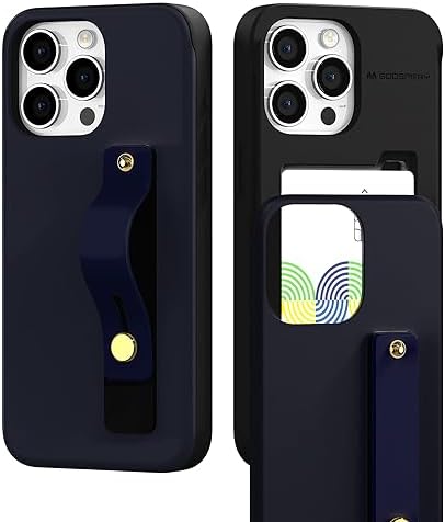 GOOSPERY SlideTok Compatible with iPhone 15 Pro Max Case, Card Holder Phone Finger Grip Band Loop Stretch Kickstand 2 Card Storage Dual Layer Protective Bumper Wallet Cover, Navy