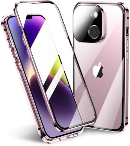 GOOVEN Lockable iPhone 15 Case with Lock Strong Magnetic adsorption Lens Protector 360 Full Body Aluminum Frame Double-Sided Tempered Glass Cover(iPhone15，Pink