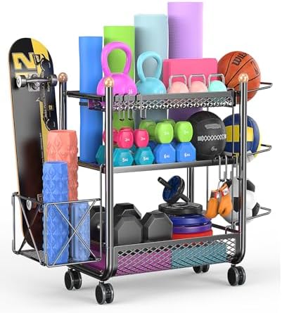 Garage Sports Organizermemofo, Home Gym Storage Organiser For Basketballs, Dumbbell Racks, Yoga Bands And Resistance Bands, Foam Shaft Storage Racks, Home Gym Storage Organiser With Hooks And Wheels