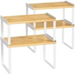 Goozii Kitchen Cabinet Organizer Shelf Set of 4, Stackable Countertop Organizer for Kitchen Counter, Corner Organizers and Storage Rack for Pantry Spices Plates, Desk Books (Bamboo Wood, White)