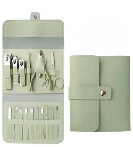 Green Stainless Steel Nail Grooming Kit - 16 Pieces, Portable Family Manicure & Pedicure Tools，Nail care kits with Luxurious Travel Case