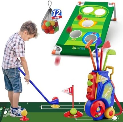 HYES 2 in 1 Toddler Golf Set, Upgraded Kids Golf Clubs with 12 Balls, Cornhole Board & Putting Mat, Shoulder Strap, Indoor Outdoor Sport Toys Gift for Boys Girls, Blue