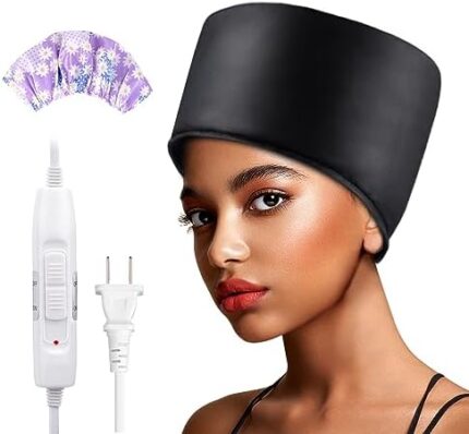 Heat Cap Hair Deep Conditioning - Heating Thermal Steamer Cap Electric Hot Treatment Cap for Natural Black Afro Hair Heated Hair Care Spa Hat for Home Use with 2 Mode Temperature Control - Black
