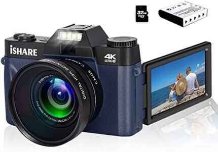 ISHARE 4K Digital Camera with WiFi, Autofocus, 3" Flip Screen, Wide-Angle & Macro Lens, 16X Digital Zoom, Flash, Vlogging for YouTube, 32GB Memory Card and 2pcs Batteries Included (Blue)