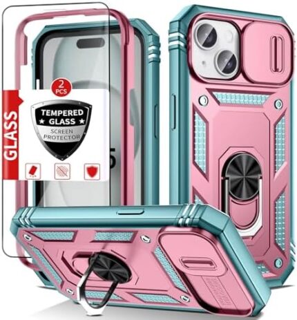 IYTRRYH for iPhone 15 Case with 2 Glass Screen Protectors,with 360°Rotate Magnetic Kickstand Ring & Camera Cover Shockproof Military Grade Drop Heavy Duty Protection iPhone15 Case Man Women Green Pink