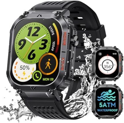 JELLOO Military Smart Watch for Men(Call Receive/Dial) 2.02" HD 5ATM Waterproof Smartwatch with Compass Pedometer Outdoor Tactical Rugged Fitness Watch with Heart Rate Sleep Monitor for Android iOS
