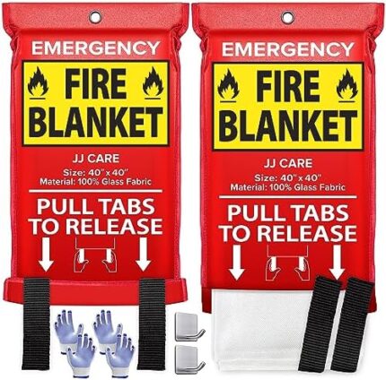 JJ CARE Fire Blanket – 2 Packs with Hooks and Gloves – Emergency Fire Blanket for Home & Kitchen, High Heat Resistant Fire Suppression Blankets for Home Safety, Kitchen, and Camping