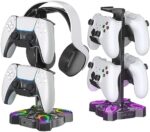 KDD Gaming RGB Headphones Stand, Rotatable Headset Stand with 9 Light Modes - Controller Holder with 2 USB Charging Ports and 3.5mm - Earphone Hanger Accessories for Desktop Gamer(Black)