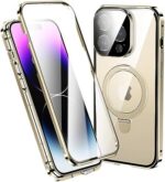 KMXDD Magnetic Case for iPhone 15 Case Compatible with Magsafe Ring Stand Screen Protector Camera Lens Protector 360 Full Body Protective Clear Case (iPhone15, Gold)