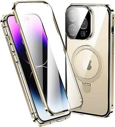 KMXDD Magnetic Case for iPhone 15 Case Compatible with Magsafe Ring Stand Screen Protector Camera Lens Protector 360 Full Body Protective Clear Case (iPhone15, Gold)