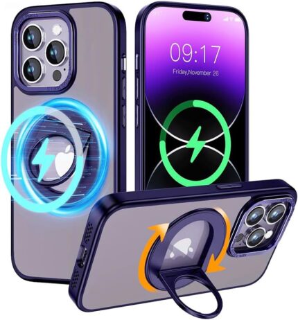 KMXDD Magnetic Case for iPhone 15 Ring Case Compatible with MagSafe Wireless Charging Kickstand Shockproof Matte Translucent Case (iPhone15, Purple)