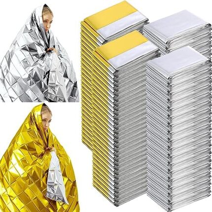 Kanayu 100 Pack Emergency Foil Thermal Blankets for Survival 82" x 63" Foil Space Blanket Survival Kit for Outdoors Camping Hiking Homeless Survival or First Aid, 50 Pcs Golden 50 Pcs Silver