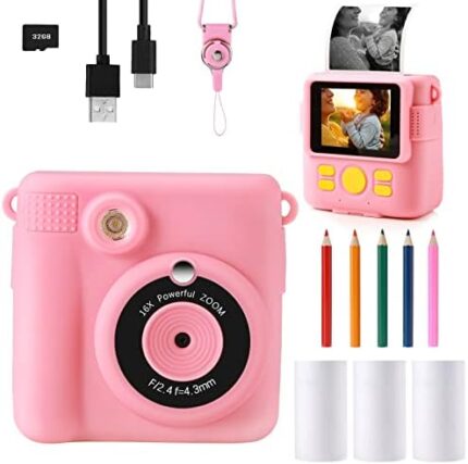 Kids Camera, Instant Print Camera 2.4 Inch Screen 1080P Digital Camera with 16X Digital Zoom, 32GB TF Card for 3-13 Boys and Girls Birthday Gift