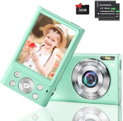 Kids Digital Camera 4K 48MP Camera for Kids with 32GB Card 2.8 Inch Screen Autofocus Function Point and Shoot Camera for Girls Boys Beginners, 2 Batteries (Green)