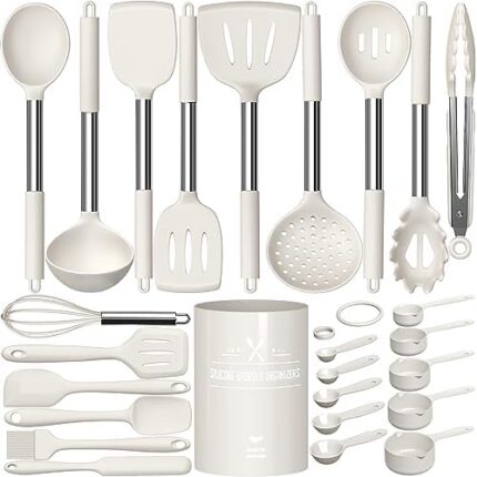 Kitchen Utensils Set-Umite Chef 26 Pcs Silicone Cooking Utensil Set for Nonstick Cookware-Large Silicone Spatulas Set, Stainless Steel Handle-Cream Kitchen Tools, Dishwasher Safe