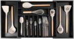 KitchenEdge Premium Silverware, Flatware and Utensil Organizer for Kitchen Drawers, Expandable 19 to 33 Inches Wide, 11 Compartments, Food-Safe Black Finish 100% Sustainable Bamboo Wood