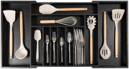 KitchenEdge Premium Silverware, Flatware and Utensil Organizer for Kitchen Drawers, Expandable 19 to 33 Inches Wide, 11 Compartments, Food-Safe Black Finish 100% Sustainable Bamboo Wood