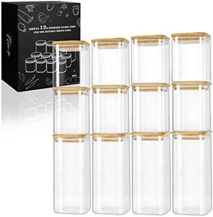 LIBWYS Storage Glass Jars with Bamboo Lids Square Set of 12, 297oz Airtight Glass Canisters, Kitchen Food Storage Jars for Kitchen Counter with Big Capacity and Dishwasher Safe (12pack)