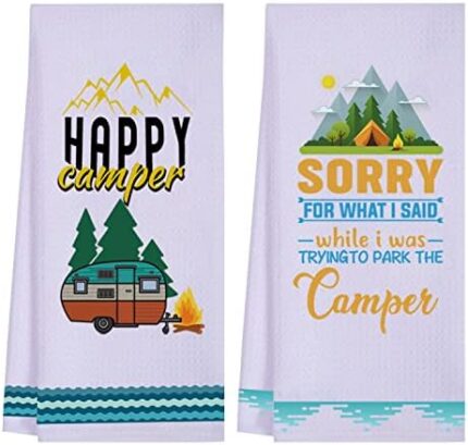 LXOMILL Funny Camping Kitchen Towels, Cute Camper Dish Towels Sets, Camper Decor, Absorbent Waffle Camper Hand Towels, Happy Camper Camping Accessories for New RV Campers