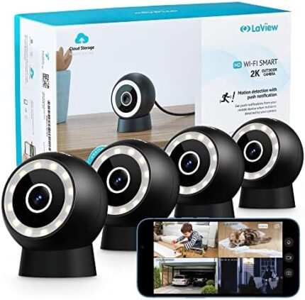 LaView 4MP Security Cameras Outdoor Indoor 4pc,2K Wired for Home with Starlight Color Night Vision,IP65 Spotlight Camera 2.4G,2-Way Audio,AI Human Detection,Works Alexa
